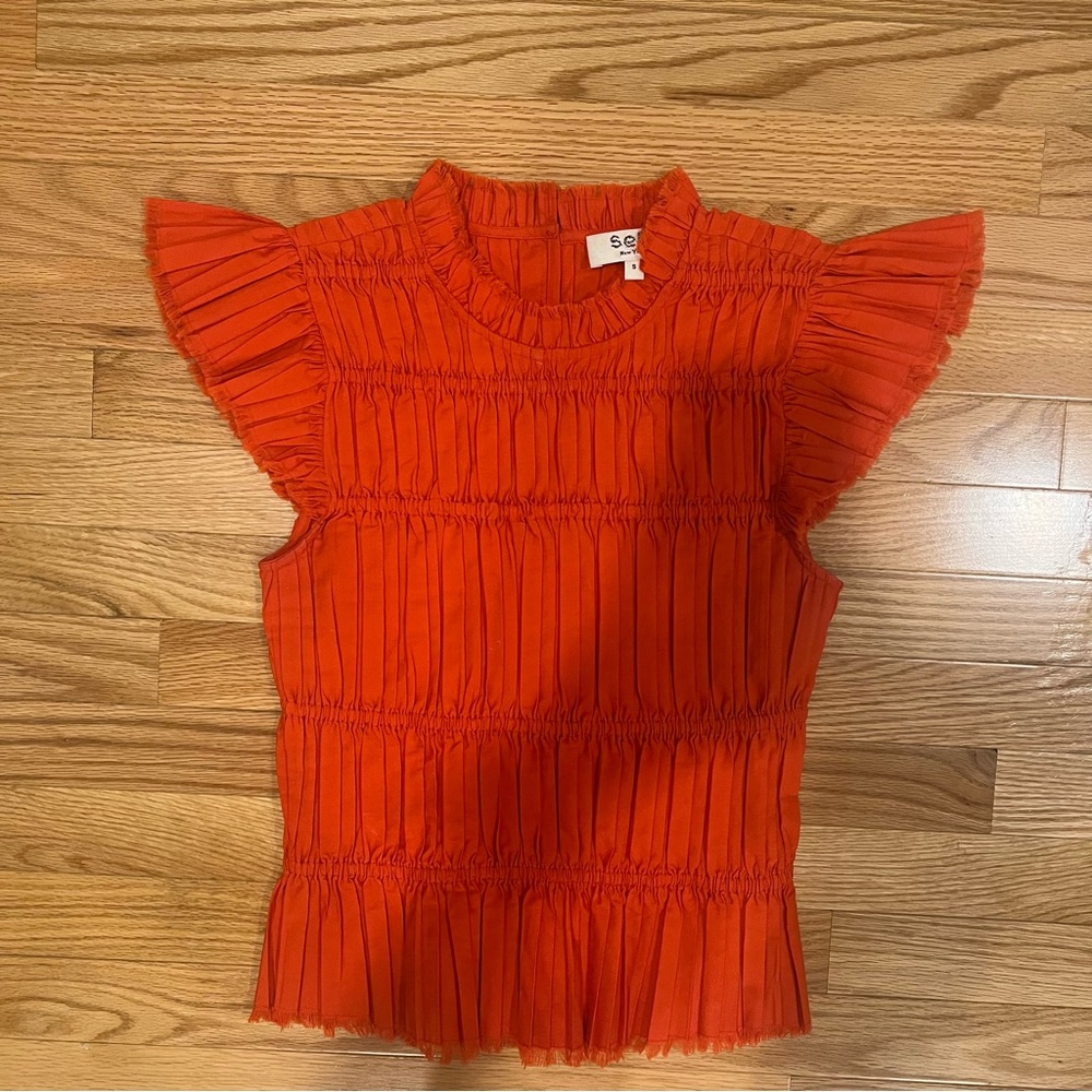 Sea New York NY Greir Gathe Poplin Top Size Small Orange/Red - Picture 5 of 8
